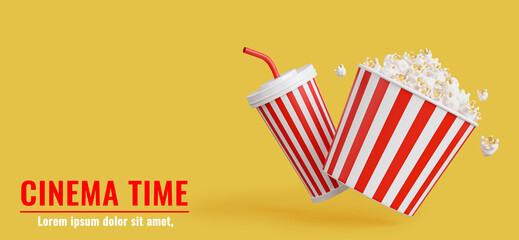 3d render of popcorn with cinema time and copy space. - obrazy, fototapety, plakaty