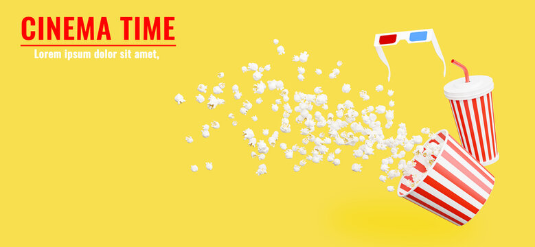 3d render of popcorn with cinema time and copy space.