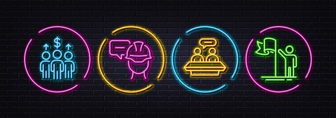 Meeting, Employees talk and Foreman minimal line icons. Neon laser 3d lights. Leadership icons. For web, application, printing. Business collaboration, Collaboration, Engineer person. Vector