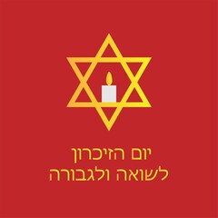 International Holocaust Remembrance Day. Jewish star.  Burning candle and the gold Star of David against a red background.