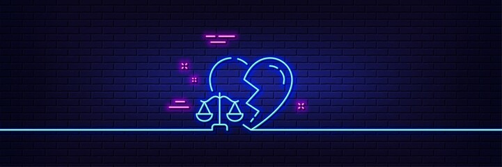 Neon light glow effect. Divorce lawyer line icon. Justice scales sign. Marriage law symbol. 3d line neon glow icon. Brick wall banner. Divorce lawyer outline. Vector