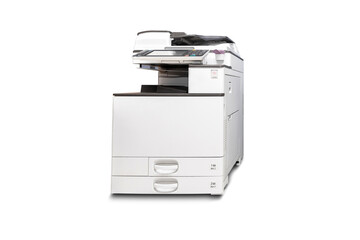 Isolated office multi function laser printer scanner on white background.