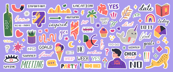 Big set of different trendy stickers planner. Colorful elements and lettering for daily planner or diaries. Cute weekly images, motivation quotes. Hand drawn vector illustration in flat cartoon style.