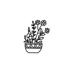 Cute flowers and twigs in ceramic pot isolated on white background. Vector doodle illustration. Perfect for cards, decorations, logo.