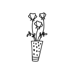 Cute flowers and twigs in ceramic vase isolated on white background. Vector doodle illustration. Perfect for cards, decorations, logo.