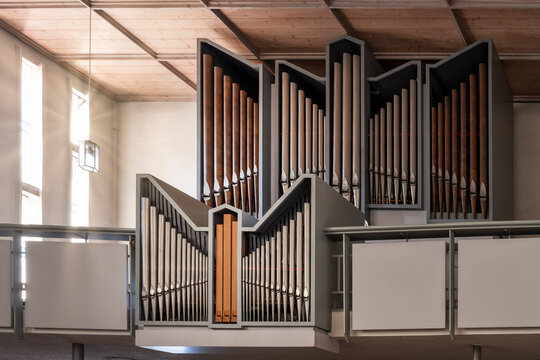 Mespelbrunn, Germany, 2022: Organ in the Pilgrimage church Hessenthal-Mespelbrunn, Spessart