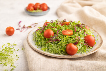 Vegetarian salad of tomatoes, celery, onion microgreen sprouts on gray concrete. Side view, selective focus.