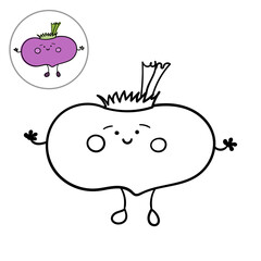 Children's coloring page with cute beetroot character. Linear vector drawing in black on white isolate.