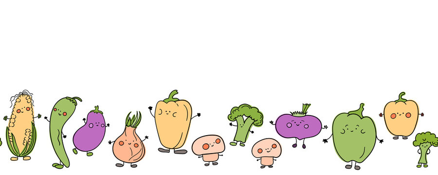 Fun bright kawaii vegetables seamless border on white background. Vector illustration of banner with place for text.