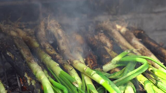 Closeup of a pile of calcots or sweet onions being cooked in the barbecue. Typical of Catalonia, Spain