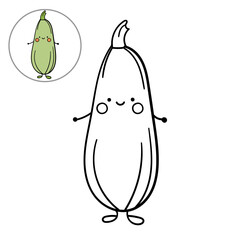 Children's coloring page from the book about vegetables characters. Vector illustration of zucchini linear isolate on white.