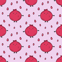 Funny characters kawaii fruit pomegranates and juice drops on the background. Illustration template for kitchen cloth print, wallpaper and wrapping paper.