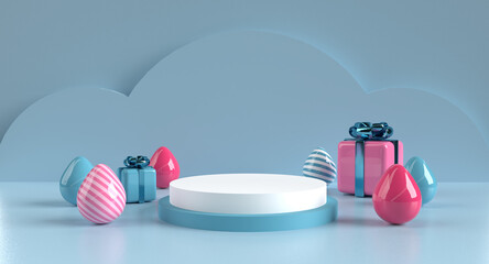 3D Render Easter product display stage for presentation illustration. blue and pink color theme