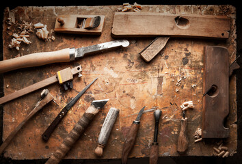 Hand tools Wood on an old wooden workbench