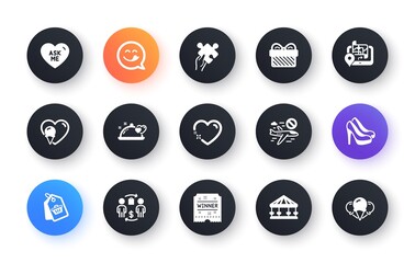 Minimal set of Winner ticket, Sale tag and Ice cream flat icons for web development. Romantic dinner, Ask me, Gift icons. Cancel flight, Heart, Gps web elements. Carousels, Puzzle, Shoes. Vector