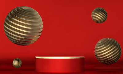 Red stage podium decoration suitable for products.3D rendering