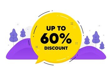 Up to 60 percent Discount. Speech bubble chat balloon. Sale offer price sign. Special offer symbol. Save 60 percentages. Talk discount tag message. Voice dialogue cloud. Vector