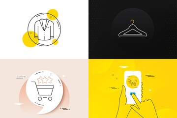 Minimal set of Suit, Cloakroom and Shopping rating line icons. Phone screen, Quote banners. Discounts cart icons. For web development. Business jacket, Hanger wardrobe, Supermarket stars. Vector
