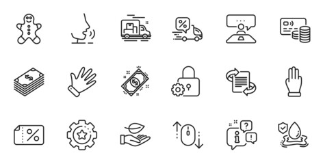 Outline set of Lock, Leaf and Marketing line icons for web application. Talk, information, delivery truck outline icon. Include Flood insurance, Payment, Scroll down icons. Vector