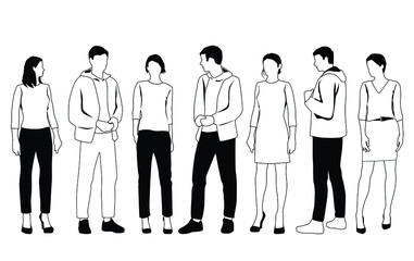 Vector silhouettes of  men and a women, a group of standing  business people,  linear sketch, black and white color isolated on white background