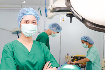 Asian professional surgeon team Operate on a patient lying on a bed in an operating room in a...