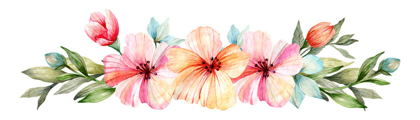 Watercolor illustration. Floral border collected from pink and peach flowers, with greenery on a white background