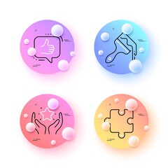 Like, Puzzle and Ranking minimal line icons. 3d spheres or balls buttons. Brush icons. For web, application, printing. Thumbs up, Puzzle piece, Hold star. Art brush. Like line icon banner. Vector