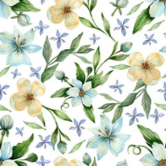 Seamless watercolor pattern with blue flowers on a white background.Spring pattern