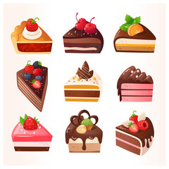 Bakery and pastry desserts with chocolate vanilla caramel and strawberry cherry flavours. Vector isolated images of cakes and pie decorated with fruit, chocolate nuts. Cute icons for menu designs. 