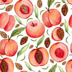 Seamless watercolor pattern with isolated peaches, leaves, seeds on a white background.