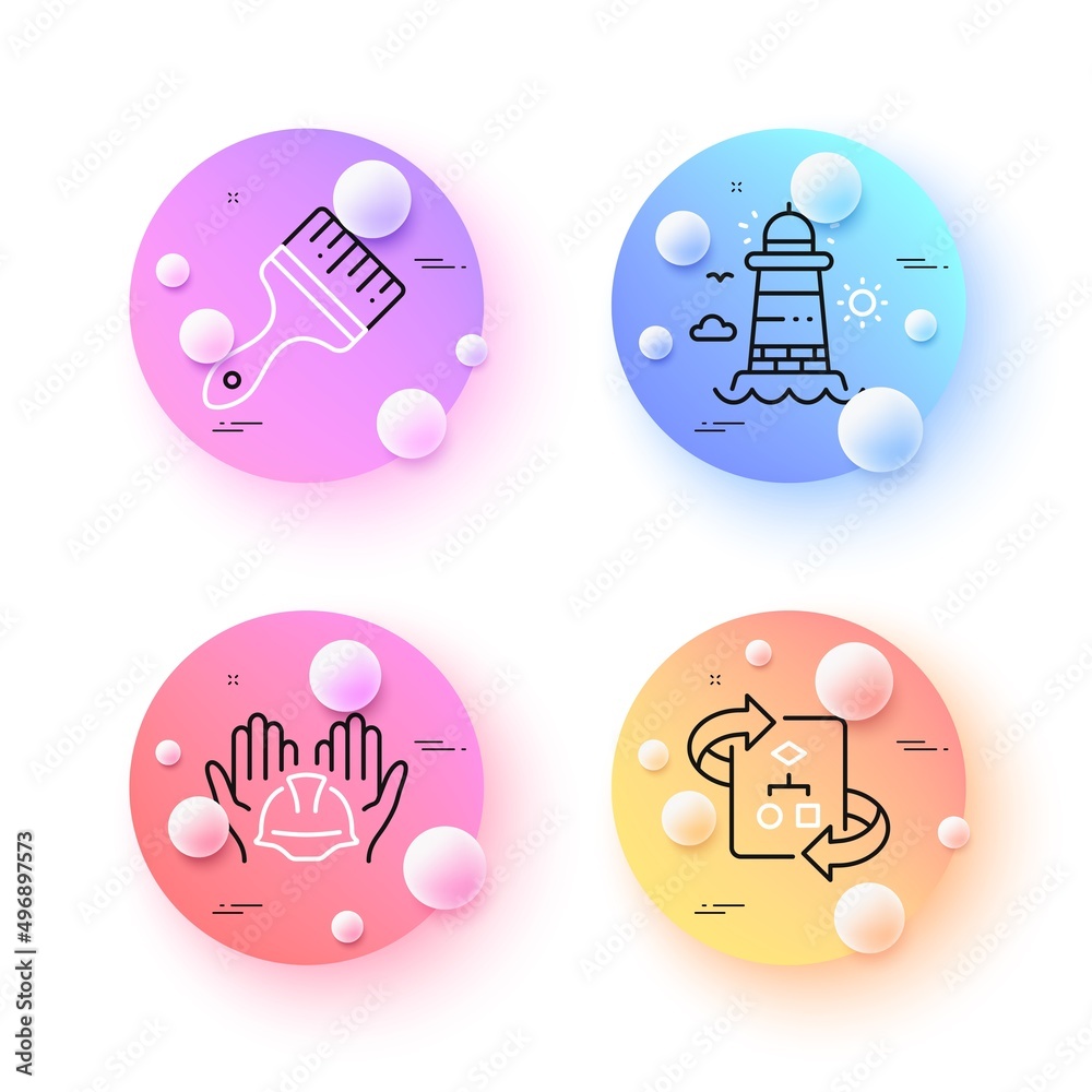 Poster technical algorithm, builders union and lighthouse minimal line icons. 3d spheres or balls buttons. 