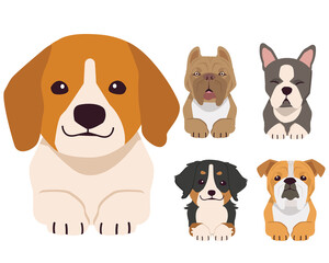 A row of the tops of heads of dogs with paws up, peeking over. Illustration of kawaii dog and pet in flat vector style.