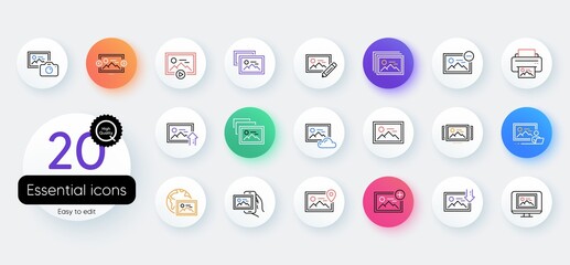 Photo line icons. Bicolor outline web elements. Print image, Photo camera, Upload picture icons. Edit image, Play presentation and photo printer. Vector