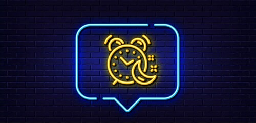 Neon light speech bubble. Alarm clock line icon. Night sleep time sign. Bedtime watch symbol. Neon light background. Alarm glow line. Brick wall banner. Vector