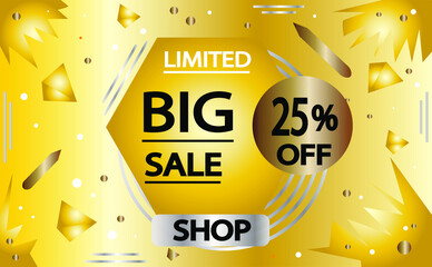 Sale discount banner in gold and silver. 25% off, advertising promotion banner. Creative background, graphic design elements. Special offer.