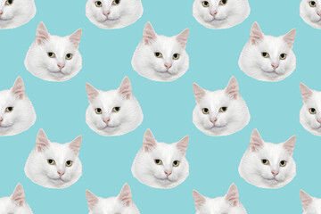 Funny cat's heads on blue background. Seamless repeating pattern. Digital collage.