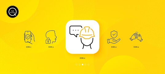 Fototapeta na wymiar Unlock system, Security app and Insurance hand minimal line icons. Yellow abstract background. Foreman, Clapping hands icons. For web, application, printing. Vector