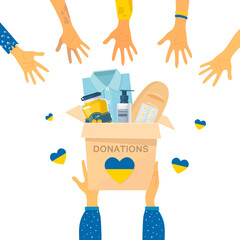 The concept of transferring donations in Ukraine. Help for refugees, humanitarian aid. Vector illustration. Isolated.