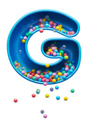 Сolored balls falling down toy font. Letter G