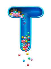 Сolored balls falling down toy font. Letter T