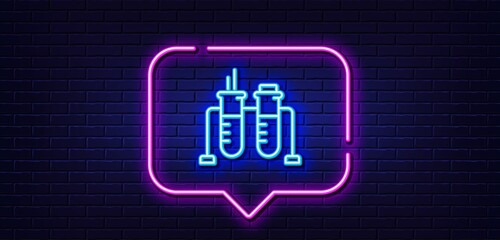 Neon light speech bubble. Chemistry beaker line icon. Laboratory flask sign. Analysis lab symbol. Neon light background. Chemistry beaker glow line. Brick wall banner. Vector