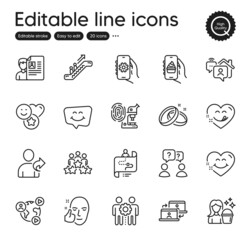 Set of People outline icons. Contains icons as Video conference, Smile face and Healthy face elements. Business meeting, Employees teamwork, Smile chat web signs. Outsource work. Vector