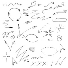 Doodles made by liner. A set of linear pictures. Vector elements for creating designs.