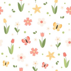 Spring flower pattern - tulips, cherry blossom and butterflies, vector illustration in flat cartoon style