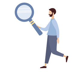 Businessman with huge magnifier. Explore and analytics, research and information search. Vector flat illustration
