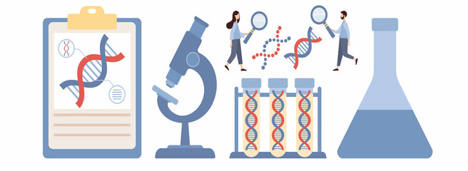 Geneticist set. DNA test tubes, microscope icon. Laboratory research equipment. Medicine and science technology. Biotechnology, genetic testing, gene therapy, biotech company. Vector flat illustration - obrazy, fototapety, plakaty