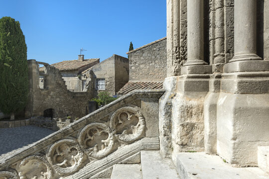 Parvis of Saint Vincent Church, Medieval village of Les Baux de Provence, Bouches du Rhone, Provence region, France