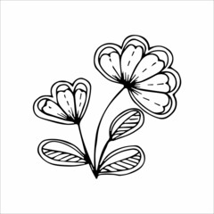 Hand drawn flower single doodle element for coloring, black and white vector image