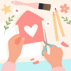 Hands cut out house of paper using scissors. Handmade hobbies, craft workshop for children and adults. Vector illustration in cute cartoon flat style
