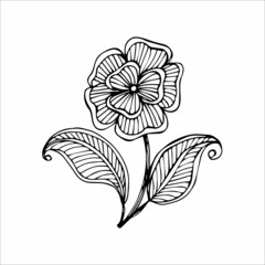 Hand drawn flower single doodle element for coloring, black and white vector image